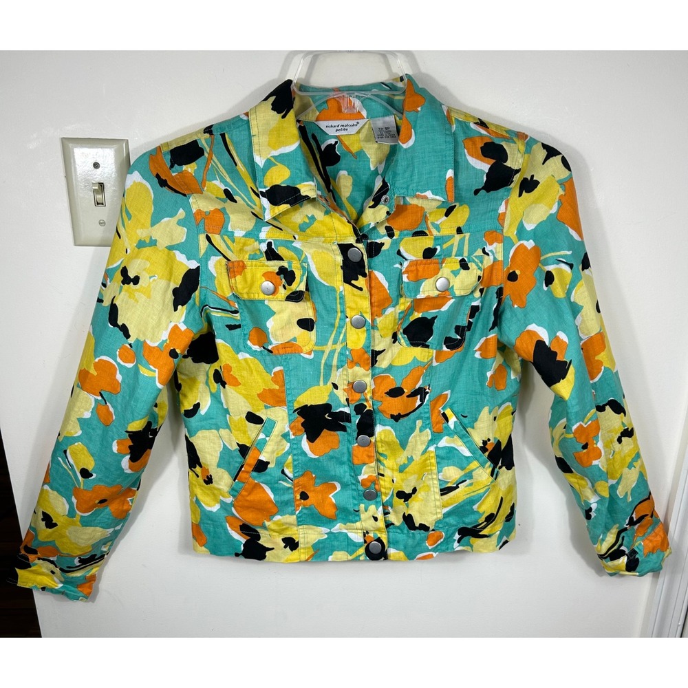 Richard Malcolm Linen Jacket Women 8P Teal Orange Floral Button Up Dopamine Chic